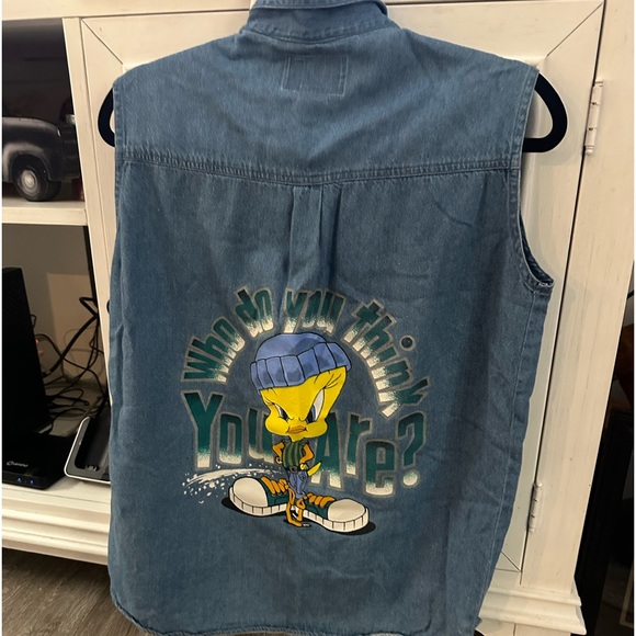 Womens y2k Tweety Bird denim shirt size large - Picture 1 of 4